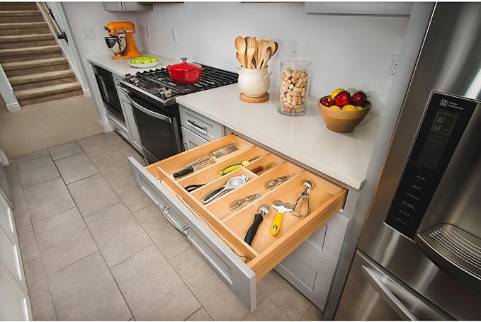 Rev-A-Shelf Trim-to-Fit Silverware Drawer Organizer For Kitchen Utensils, Cutlery Cabinet Storage Divider Insert, 18.5" x 22", Maple Wood, 4WUT-1