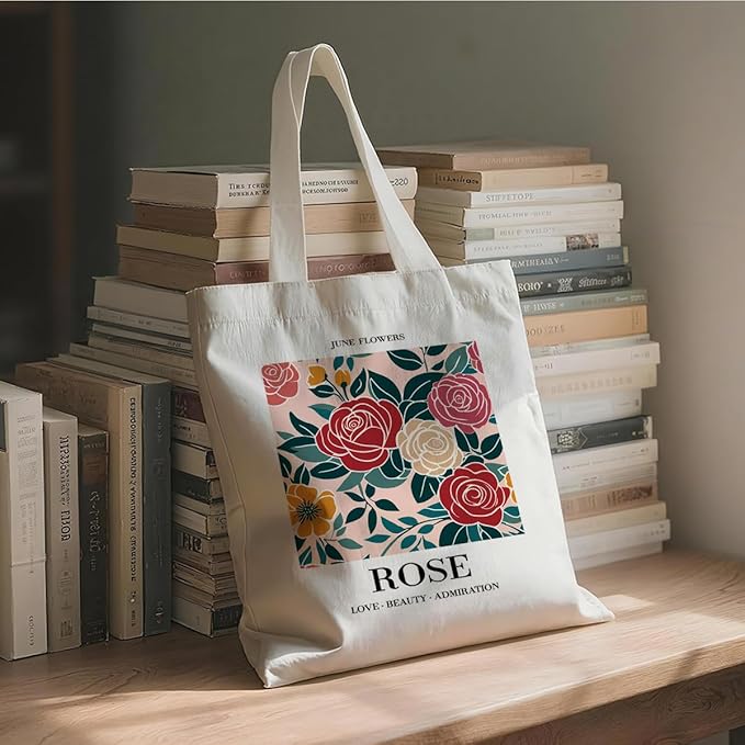 Month Flower Canvas Tote Bag, June Rose Reusable Shoulder Bags, Gifts to Sister and Friends, Holiday Gift Bags for Wrap Storage, Casual Canvas Totes for Work Traveling