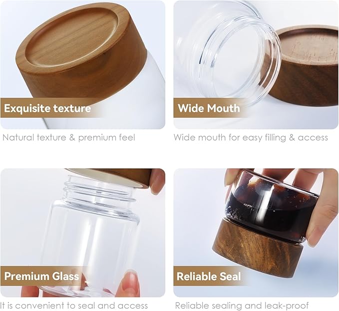 6-Pack 6 oz Airtight Food Sealed Jars with Acacia Wood Lids - Glass Meal Prep Containers for Overnight Oats, Snack Storage, Chia Pudding, Pantry Organization Essentials
