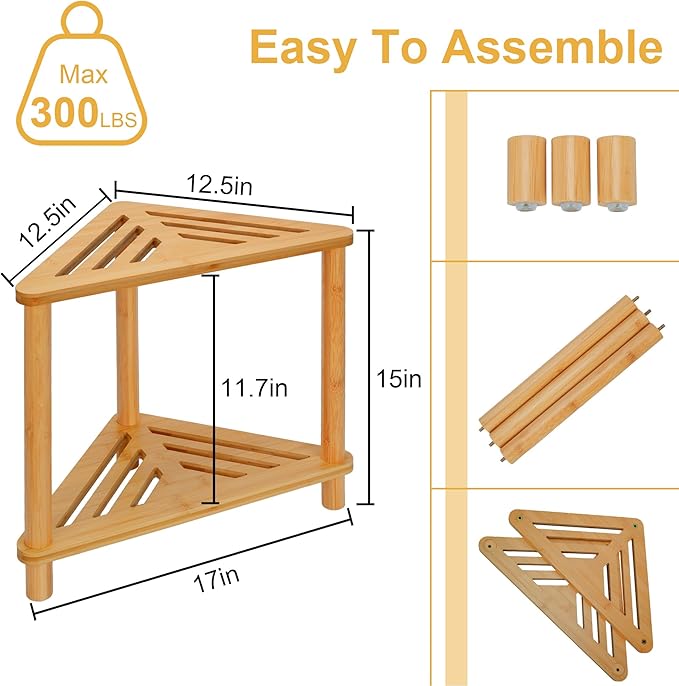 Bamboo Corner Shower Stool for Inside Shower Shaving Legs, Waterproof Bathroom Bench Seat with Storage Shelf for Small Spaces, Foot Rest, Bath Seat