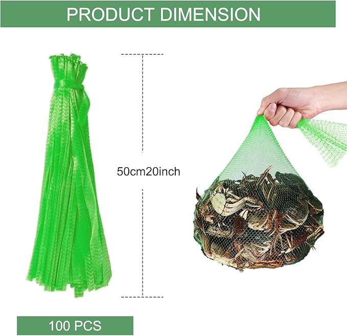 100Pcs Reusable Produce Plastic Mesh Bag,20 Inch Seafood Boil Bags，Kitchen Organizer Produce Packaging Supplies Net，Vegetable and Fruit Seafood Plastic Mesh Strap Storage Bag (Green)