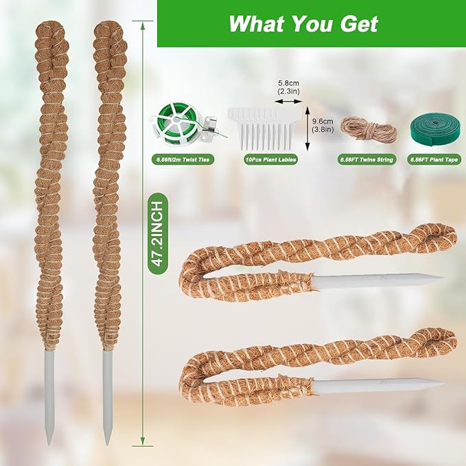 2Pcs 47" Moss Pole for Plants Monstera, Coco Coir Moss Poles Bendable Plant Poles for Climbing Plants Growth Upward, Moss Stick Plant Support Stakes for Tall Indoor Potted Plants (2 Pack 47 Inch)