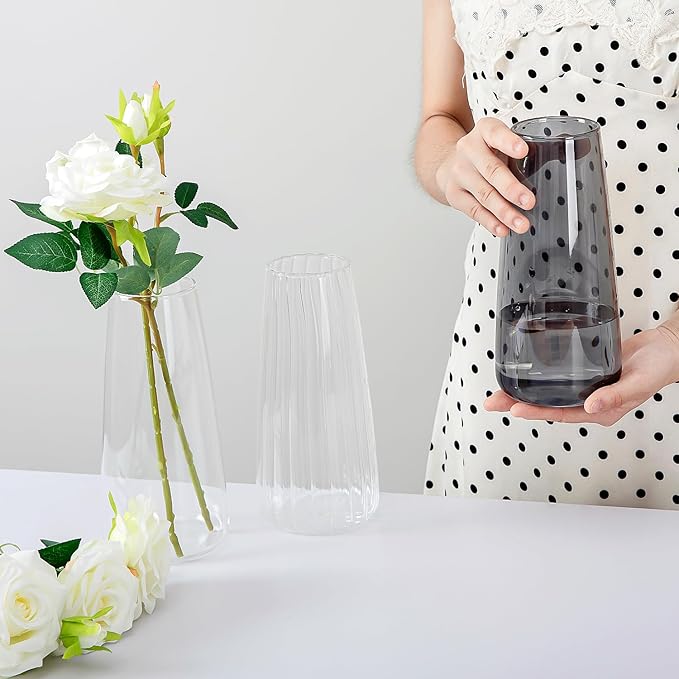 Crystal Clear Glass Vase, Flower Vase for Table Centerpiece Home Decor, Modern Vases for Living Room, Wedding, Office, Coffee Table, Birthday Housewarming Gift, 8.3inch (Gray)