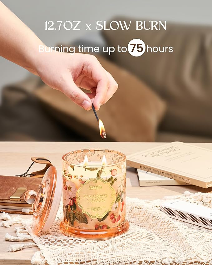 M&SENSE Strawberry Vanilla Scented Candle, Natural Soy Candle 12.7oz 75 Hour Long Lasting Slow Burning, Fall Winter Relaxing Aromatherapy Thanksgiving Christmas Housewarming Gift Gift for Women