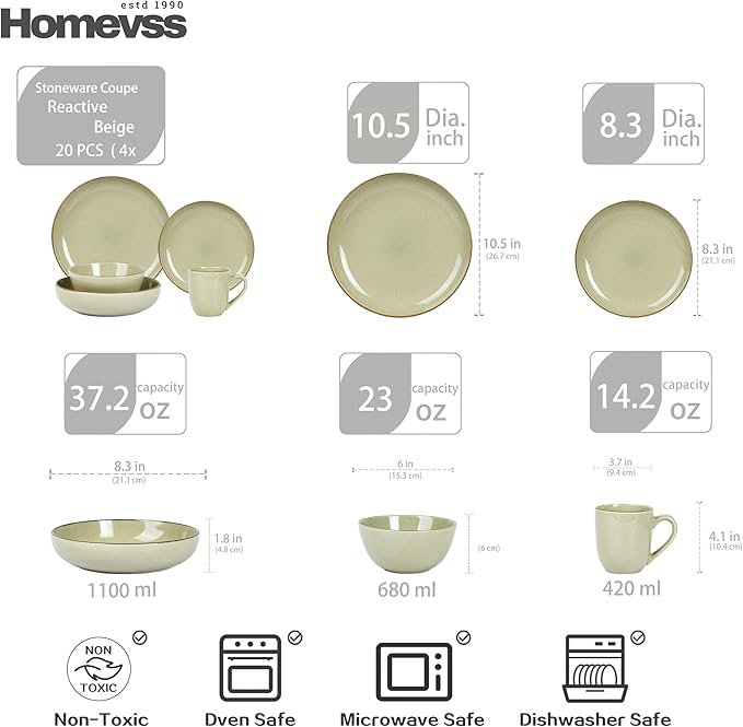 HomeVSS 20-Piece Dinnerware Set - Serves 4, Shiny Glaze Beige plates and bowls sets with Speckle Effect for Microwave & Dishwasher Safe