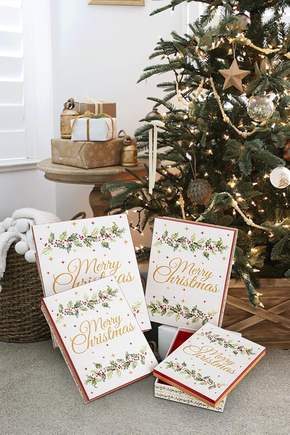 Hollyone 4 Kraft Christmas Gift Boxes with Lids Merry Christmas Sign Gift Wrap Boxes 4 Sizes Xmas Gift Boxes Shirt Box for Wrapping Xmas Holiday Birthday Wedding Present
