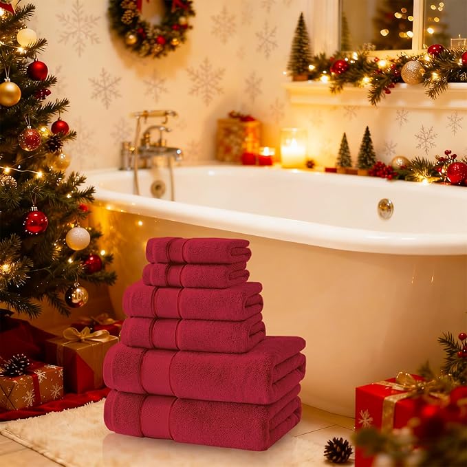 Marvione Bath Towels Set 6 Piece, 100% Turkish Cotton Highly Absorbent and Soft Towels for Bathroom 2 Bath Towels 2 Hand Towels 2 Washcloths, Red