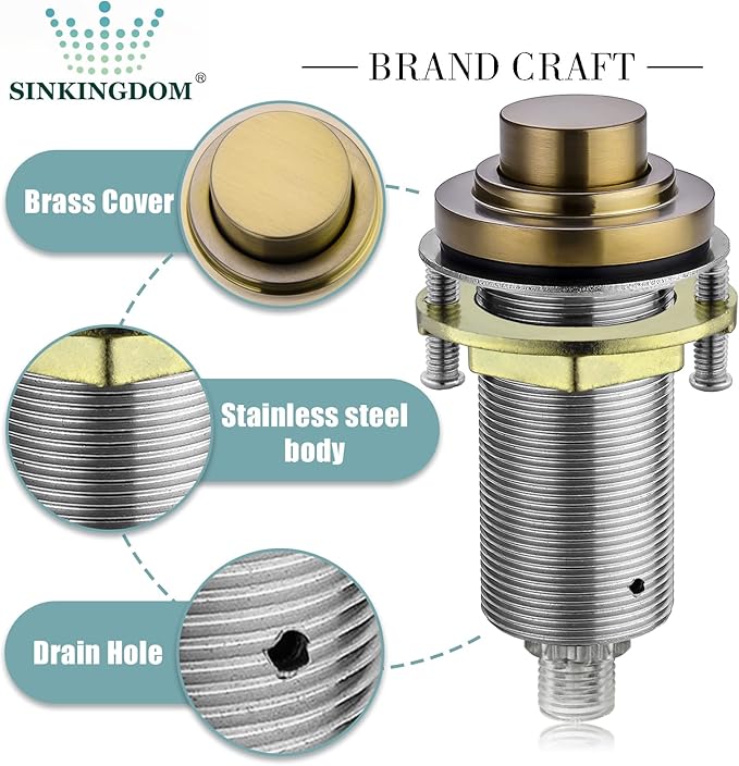 SinkTop Air Switch Kit with Champagne Bronze Long Button (Full Brass) for Garbage Disposal, Single Outlet