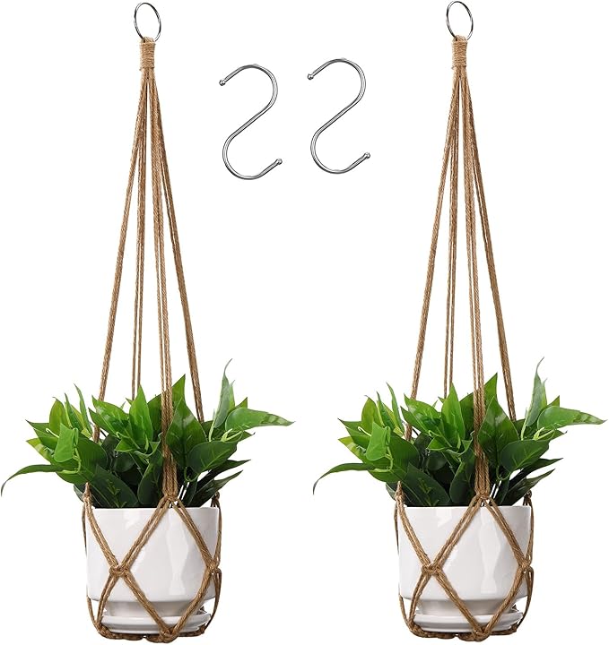 YIBOT Macrame Plant Hanger Indoor Set of 2 with 2 S Hooks, Indoor Outdoor Hanging Planter for Plants Holder with Decorative No Tassels, Boho Home Decor, 35 Inch, Brown (Pots Not Included)