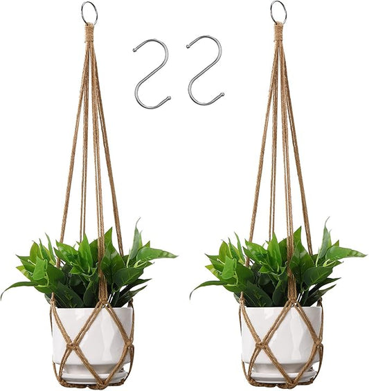 YIBOT Macrame Plant Hanger Indoor Set of 2 with 2 S Hooks, Indoor Outdoor Hanging Planter for Plants Holder with Decorative No Tassels, Boho Home Decor, 35 Inch, Brown (Pots Not Included)
