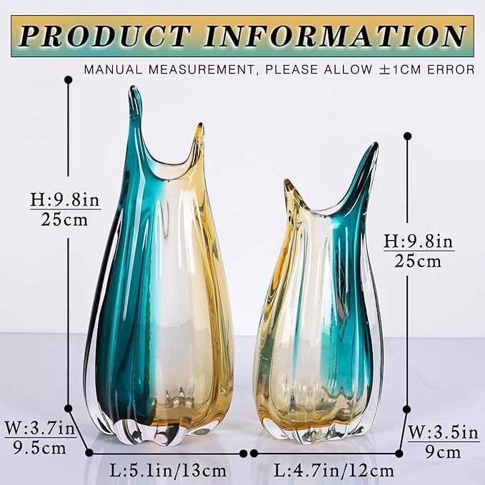 orenm Hand Blown Glass Vase,Unique Wide Glass vase,Modern Colorful Turquoise Glass Art Decor,Amber and Teal Vases for Office,Living Room,Dining Table Table Centerpieces Decorative (Horn-M)