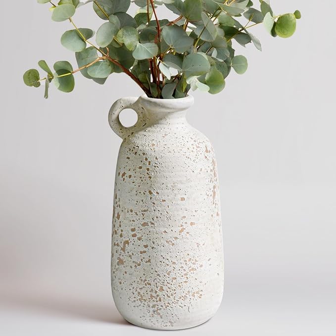 Sunddo White Ceramic Vase, Rustic Farmhouse Decorative Vase with Handle, Farmhouse Decor, Centerpieces Entryway Shelf Living Room Table Decor 10 inch
