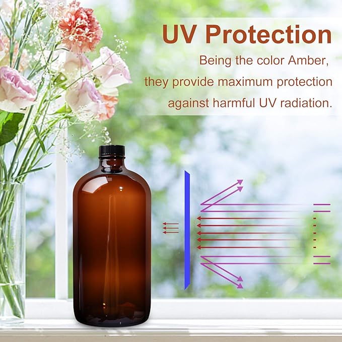 4 Pack 32 oz Amber Boston Round Glass Bottles with Black Caps for Secondary Kombucha Fermentation and Lab Chemicals (1 Funnel and 10 Pieces Black Chalkboard Labels Included)