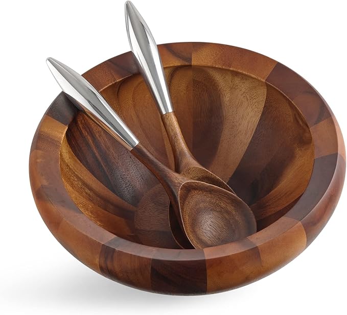 Nambé Yaro Salad Bowl Set – 14" Acacia Wood Bowl with Alloy-Accent Servers, Smooth Sculpted Design & 4 QT Capacity – Elegant Tableware for Serving Salads, Meals & Entertaining Guests