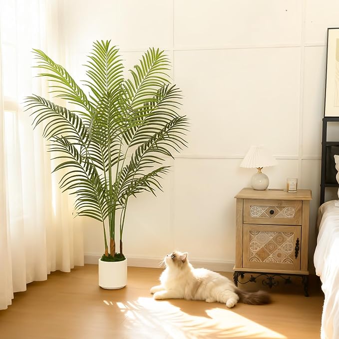 5FT Artificial Palm Tree, Tall Fake Tropical Areca Plant with White Round Planter for Indoor Outdoor Home Decor, Realistic Faux Palm Tree for Living Room, Office, Porch, Garden
