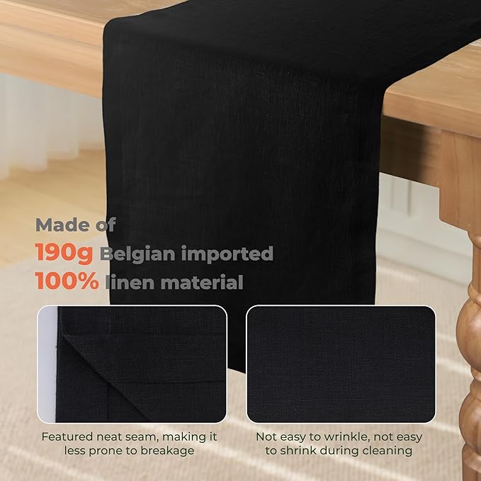 Small Coffee Farmhouse Table Runner for Fall, Thanksgiving, Christmas, and Winter - Athena - 100% Pure Linen - 14 x 48 Inches - Black