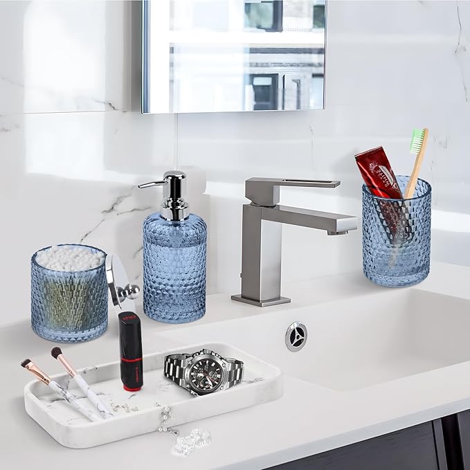 Bathroom Accessories Set,4 Pcs Blue Glass Bathroom Accessories Sets-Lotion Soap Dispenser,Toothbrush Holder,Qtip Holder Dispenser & Resin Vanity Tray,Countertop Vanity Organizer,Blue