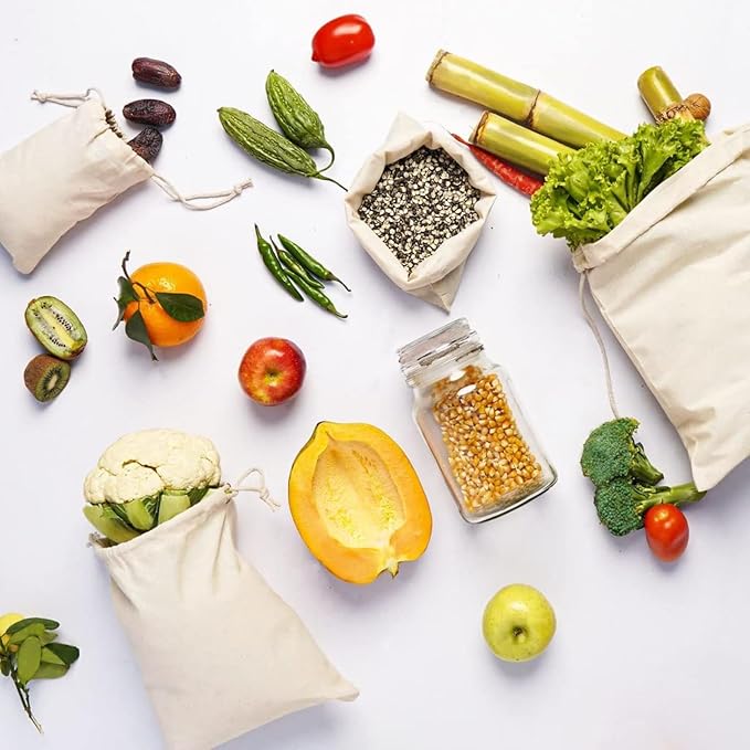 100Pcs 12 x 16 Inches Premium Cotton Muslin Double Drawstring Bags, Reusable Bag Natural Cotton Bags with Drawstring Produce Bags Bulk Gift Bag Jewelry Pouch for Party Wedding Home Storage