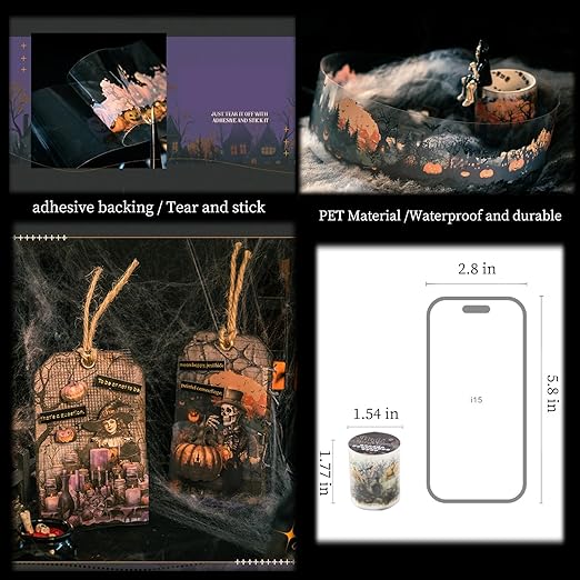 Gothic Scrapbook Tape Stickers,6 Rolls PET Halloween Pumpkin Washi Tape for Scrapbooking,Journaling,Junk Journal,Planner,DIY Arts Crafts(Dance Party)