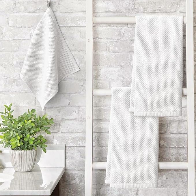 Artoid Mode 100% Cotton White Waffle Weave Kitchen Dish Cloths, 13x28 Inch Ultra Soft Absorbent Quick Drying Kitchen Dish Towels Set of 4