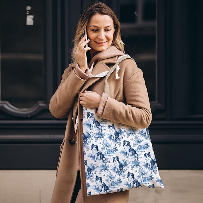 French Country Border Collie Tote Bag, Border Collie Gifts for Women, Blue and White Chinoiserie Dog Canvas Tote Bags for Women, Vintage Dog Reusable Grocery Shopping Bag
