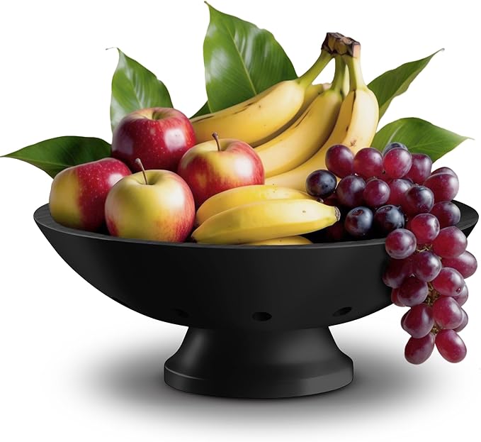 Black Wooden Fruit Bowl - Large Decorative Pedestal Bowl for Kitchen Counter & Dining Table Centerpiece, Modern Bamboo Serving Bowl for Fruits, Salads, Snacks, Keys, Bread, Entryway or Home Decor Gift