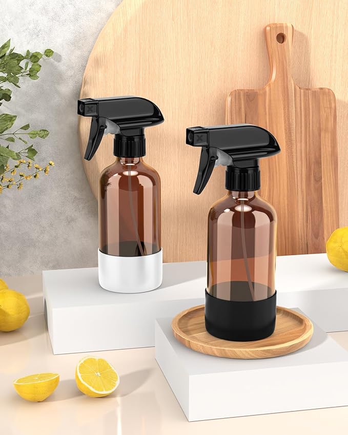 Glass Spray Bottle with Silicone Sleeve Protection, Amber Glass Spray Bottle Set for Window Cleaner Aromatherapy Facial Hydration Watering Flowers Hair Care 2 Pack/8 oz (Black & White)