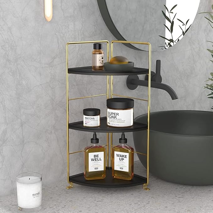 3-Tier Corner Bathroom Organizer Countertop for Storage, Counter Tray and Vanity Organizer, Plastic Counter Organizer for Kithchen, Bathroom, Dresser (Gold +Black)