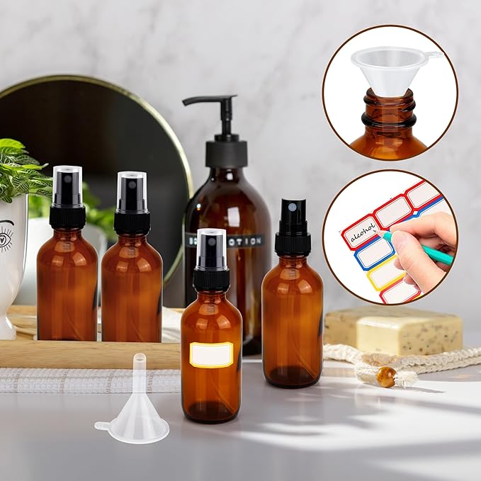 24 Pack Amber Glass Spray Bottles 2 oz Small Empty Fine Mist Spray Bottle with Funnel and Label for Travel, Essential Oils