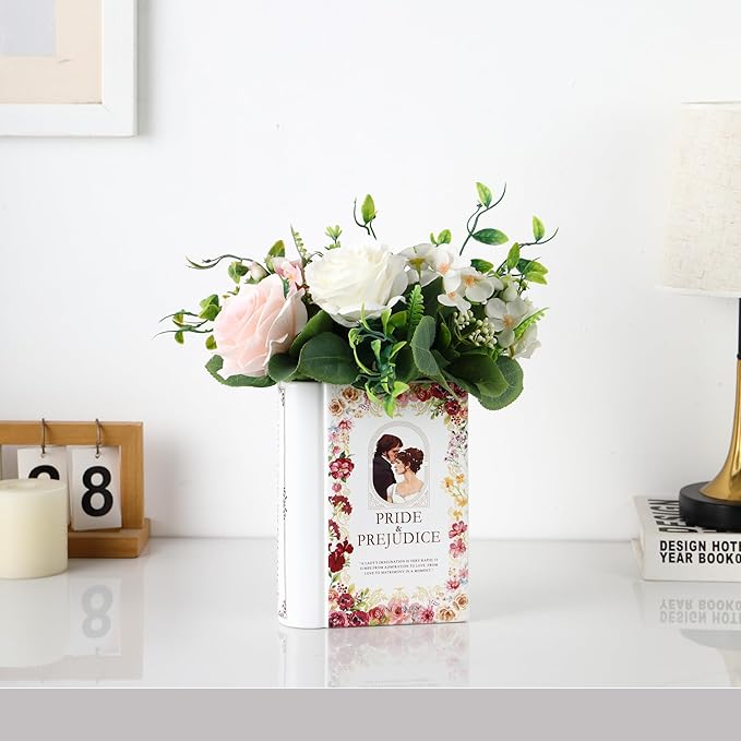 Ceramic Book Vase for Flowers, Book Flower Vases White, Book Shaped Vase, A Book About Flowers Vase, Decorative Ceramic Vases for Home, Office, Dining Table(Pride)
