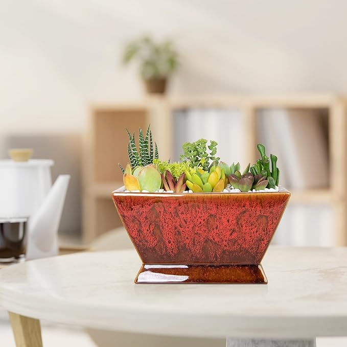 ARTKETTY Succulent Pots - 7 Inch Large Plant Pot with Drainage, Shallow Ceramic Succulent Planters for Indoor Outdoor Plants, Modern Cactus Bonsai Plant Container Decorative Home Office