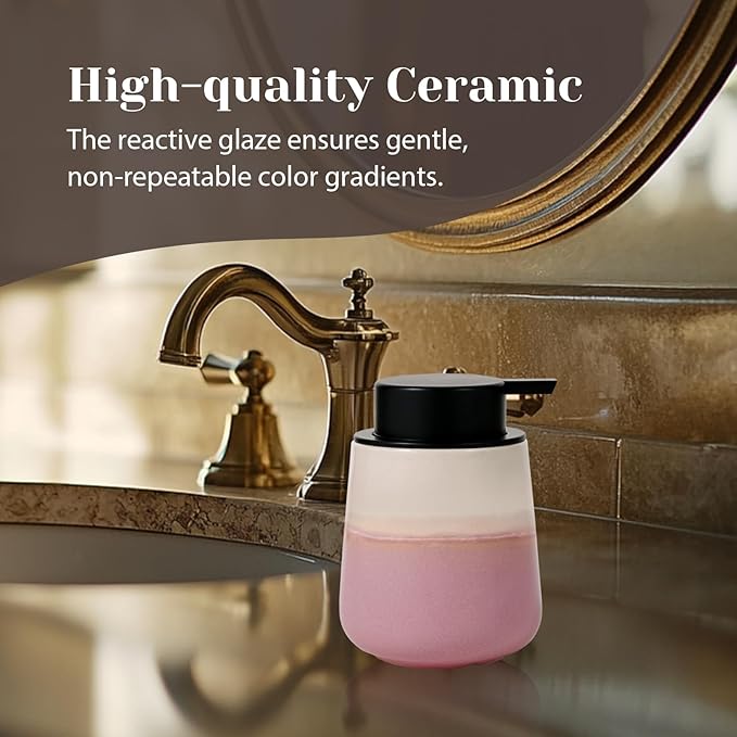 INGOFIN Ceramic Hand Soap Dispenser - 12 oz Liquid Lotion Dispenser Bathroom, Refillable Modern Dish Soap Dispenser with Pump for Kitchen, Beige and Pink