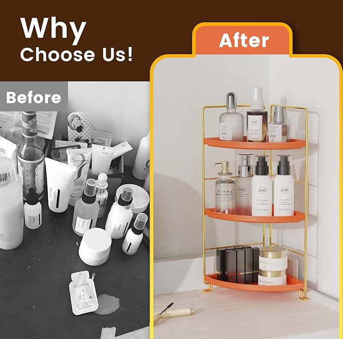 3-Tier Corner Bathroom Organizer Countertop for Storage，Counter Tray and Vanity Organizer，Plastic Counter Organizer for Kitchen, Bathroom, Dresser 10.6 inches (Gold Orange)