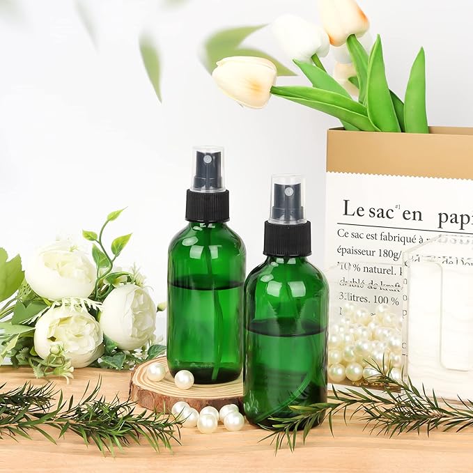 CycleMore 120ml 16 Pack 4oz Green Glass Spray Bottles with Fine Mist Sprayers, Glass Travel Bottles for Cosmetic, Essential Oils, Cleaning Solutions, Perfumes & More Liquids Ideal for Friends