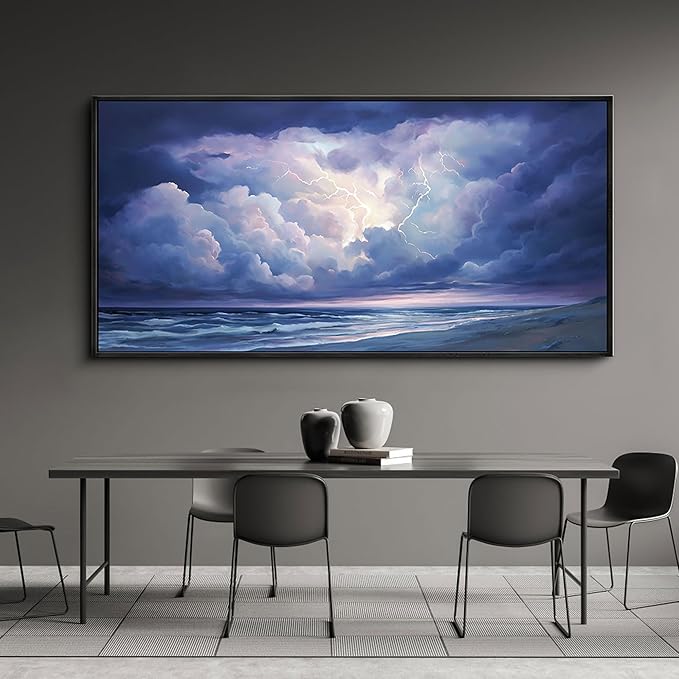yiijeah Living Room Wall Decor - Modern Wall Art for Bedroom Office Decor Extra Large Abstract Thundercloud Beaches Coast Painting Framed Canvas Prints Ready to Hang Wall Pictures Home Decor