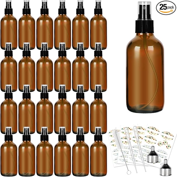 CycleMore 25 Pack 4oz Amber Glass Spray Bottles with Fine Mist Sprayers, Glass Travel Bottles for Cosmetic Essential Oils Cleaning Solutions Perfumes & More Liquids Ideal GIft