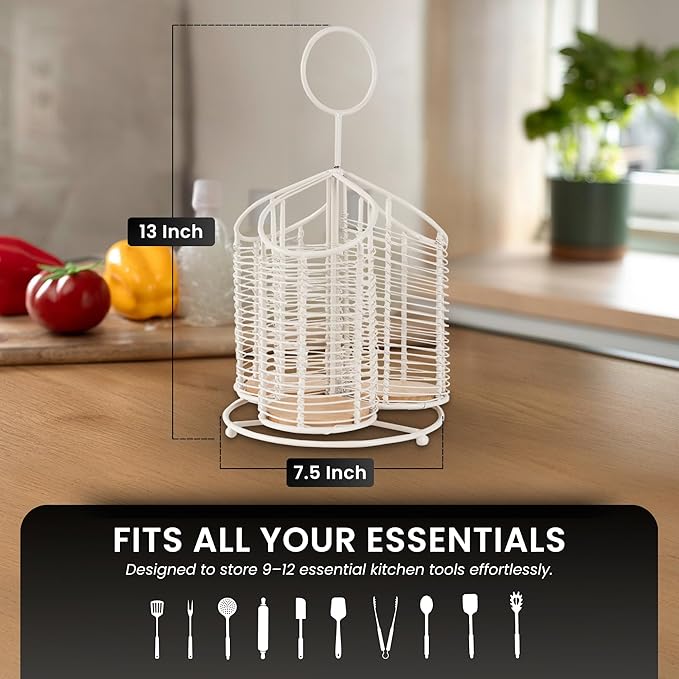 360° Rotating Kitchen Utensil Holder- 3 Compartment Organizer with Cork Bottom | Includes Premium 9-Piece Acacia Wood Utensil Set | Professional Luxury Design | Metal Utensil Crock (Matte white)