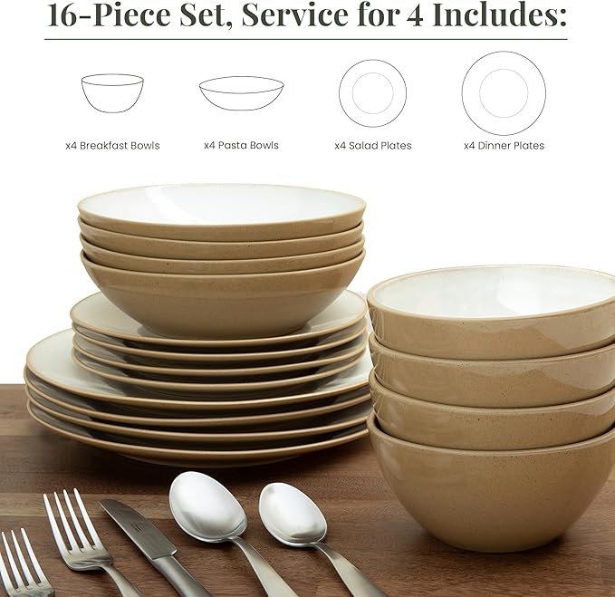 Larder & Vine Ceramic Stoneware Dinnerware 16-Piece Set, 4 Place Settings (Sand)