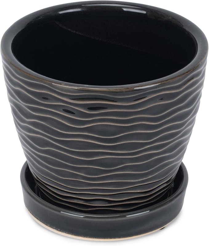 Napco Waves Pattern 4.5 Inch Black and White Ceramic Flower Pot Planter with Saucer
