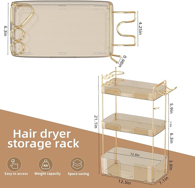 3 Tier Bathroom Organizer Countertop Makeup Perfume Tray Skincare Organizer Comes with Hair Dryer Rack and Toothbrush Holder for Bathroom Dresser Vanity (Gold)