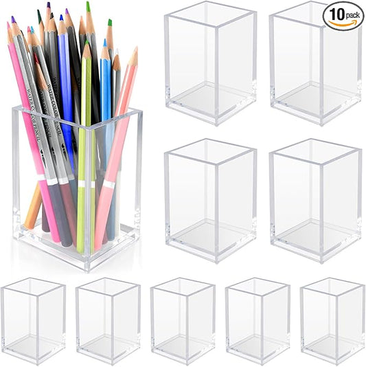 10 Pack Clear Acrylic Pen Holder for Desk, Pencil Cup Makeup Brush Organizer, Square Acrylic Pencil Holders for Office School Home Supplies, Desktop Stationery Organizer for Pens Markers Brushes