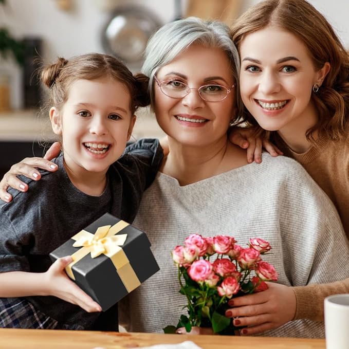 Bengnkes Black Gift Box Small Gift Boxes with Lids for Presents 4 Packs Square Luxury Nesting Gift Boxes with 17ft Ribbon for Birthday Bridesmaid Wedding Christmas Proposal