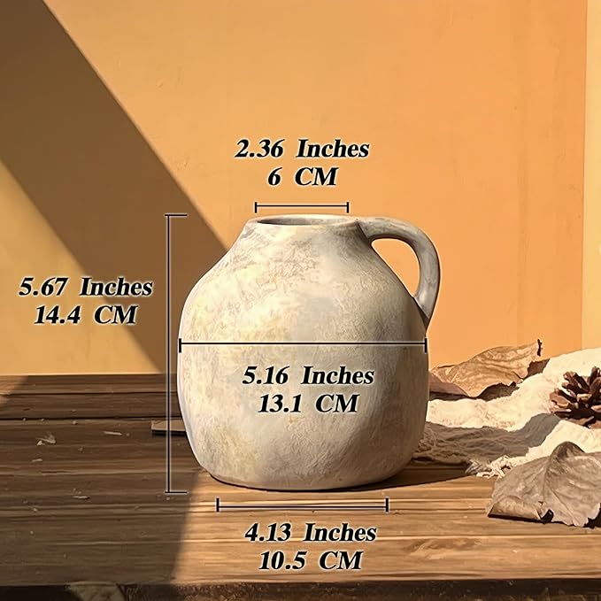 5.6 Inch Handmade Rustic Ceramic Vase with Handle, White Grey Vintage Farmhouse Vase, Pottery Flower Vase for Living Room, Office, Thanksgiving Centerpieces