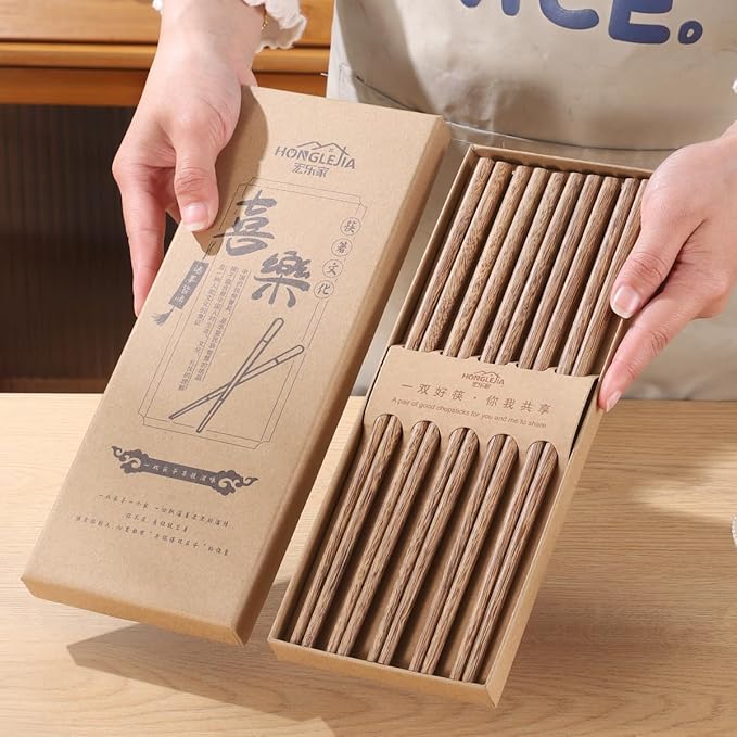 Honglejia Traditional Chinese Chopsticks Gift Set, Reusable Chinese Wooden Chopsticks Dishwasher Safe, Natural Wood, 10 Pair Gift Box (Wenge Wood, standard)