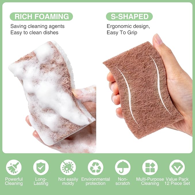 Eco-Friendly Sisal and Wood Pulp Cotton Double-Sided Cleaning Sponges - 12 Pack, S-Shaped Biodegradable Scrubbers for Kitchen, Dishes, and More (4.3 x 2.8 x 0.7 Inches Each)