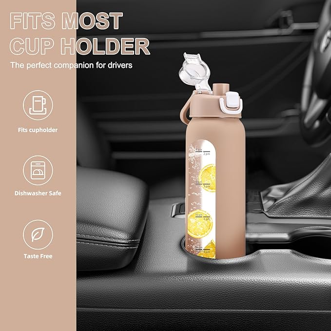 24 oz Glass Water Bottles with 2 Lids-Handle Spout Lid & Straw Lid, Motivational Water Bottle with Time Marker and Silicone Sleeve,Leakproof-Amber-1 Pack