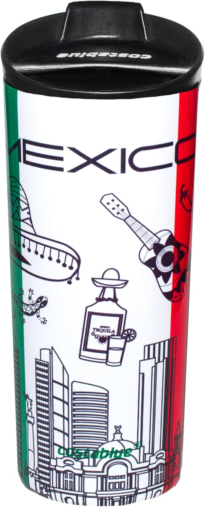 Mexico Vacuum Insulated Stainless Steel Thermal Travel Mug, 16 oz, Easy Clean, Flip leak Proof Lid Mexican Flag with Icons from Mexico…