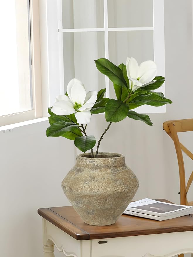 Briful Large Rustic Ceramic Vase with Distressed Finish, 8.2'' Tall Wide-Belly Decorative Flower Vases with Felt Pads, Retro Style Pottery for Home Decor, Table Centerpiece, Yellow Brown