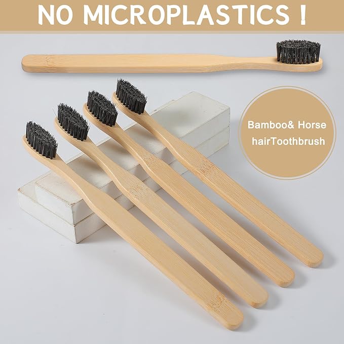 6 Pcs Horse Bristle Bamboo Toothbrush Soft Natural Bristle Bamboo Toothbrush (No Nylon, Horse Hair Only) Totally Compostable Biodegradable Zero Waste Plastic Free (Horsehair,Flat)