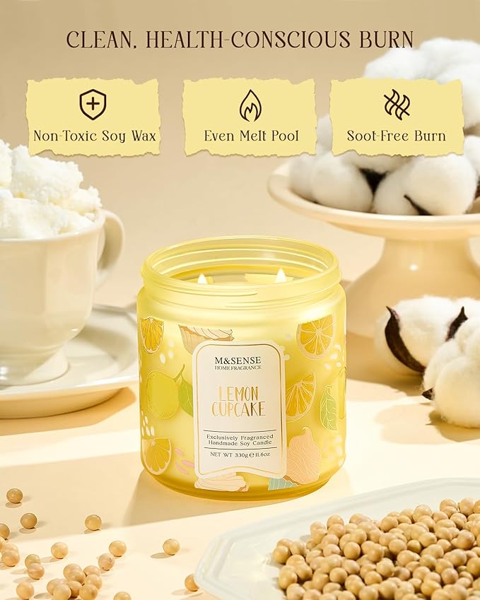 M&SENSE Lemon Vanilla Cupcake Scented Candle, 11.6oz Natural Soy Wax, 70 Hours Long Lasting Clean Burn, Citrus Vanilla Scents for Kitchen Freshness, Holiday Gifts for Women Men, Warm Home Decor